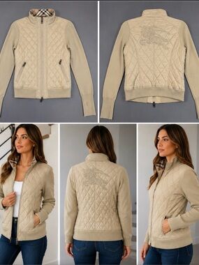 Burberry Beige Quilted Jacket with Heritage Check Trim size Large